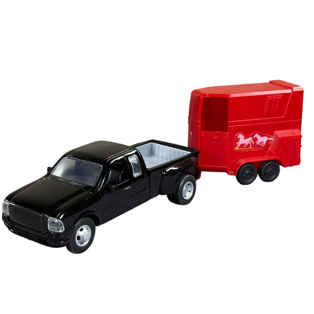 New-Ray Diecast Black Pickup Truck and Red Horse Trailer Set Toy